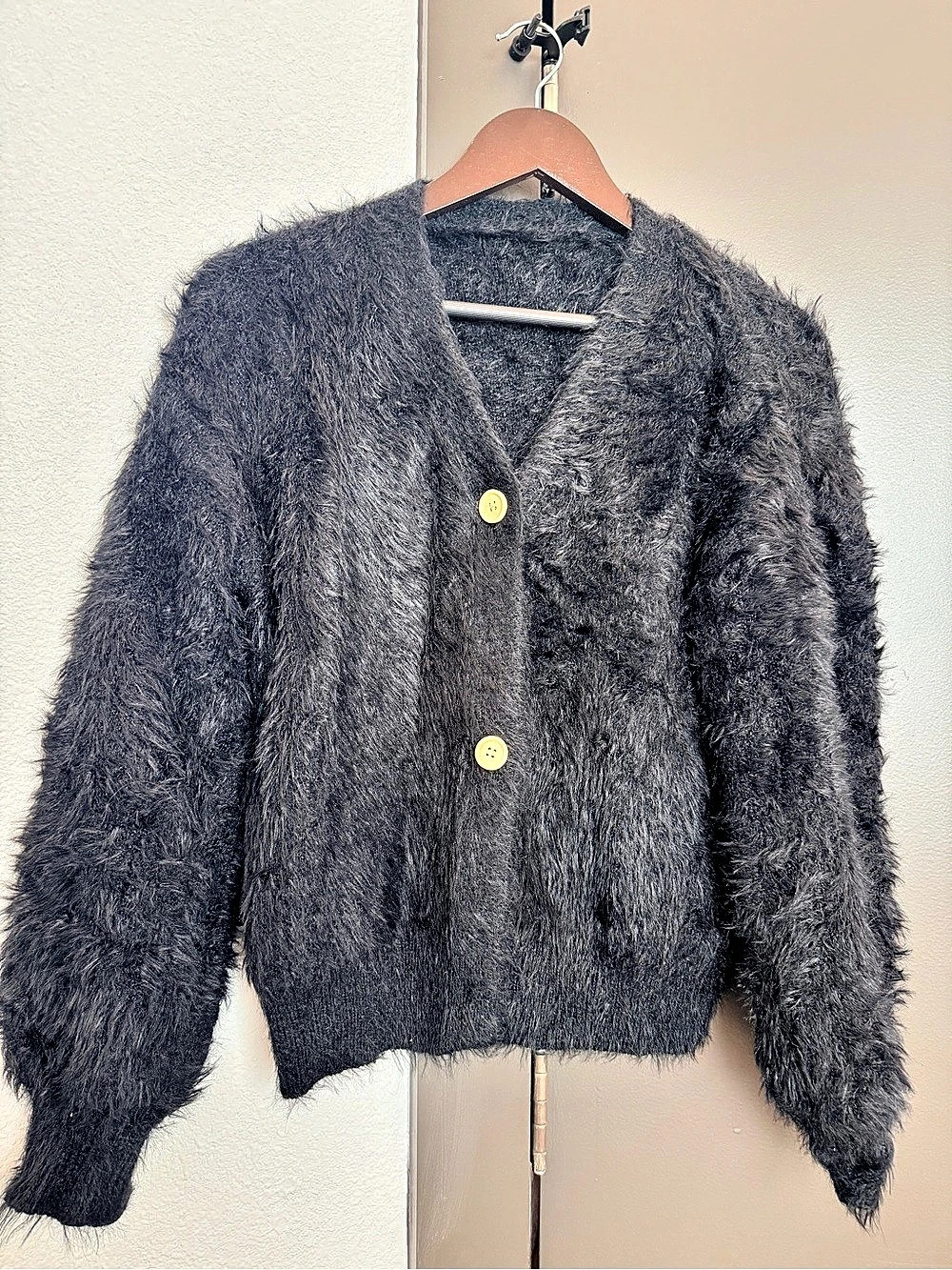 Catherine Malandrino Fuzzy Button Cardigan in Black Size Medium Like New